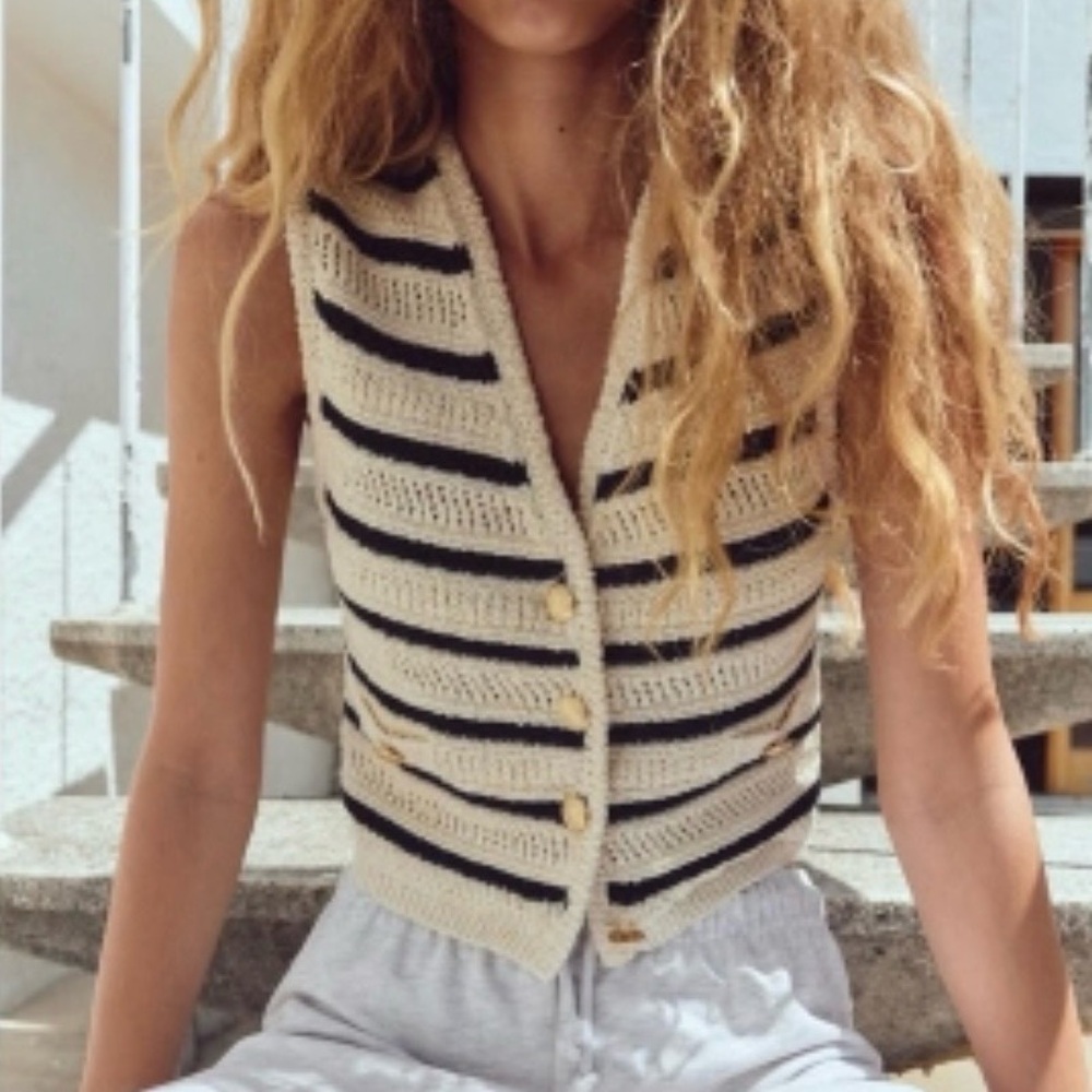 Zara Black and Cream Striped Cardigan Vest Small